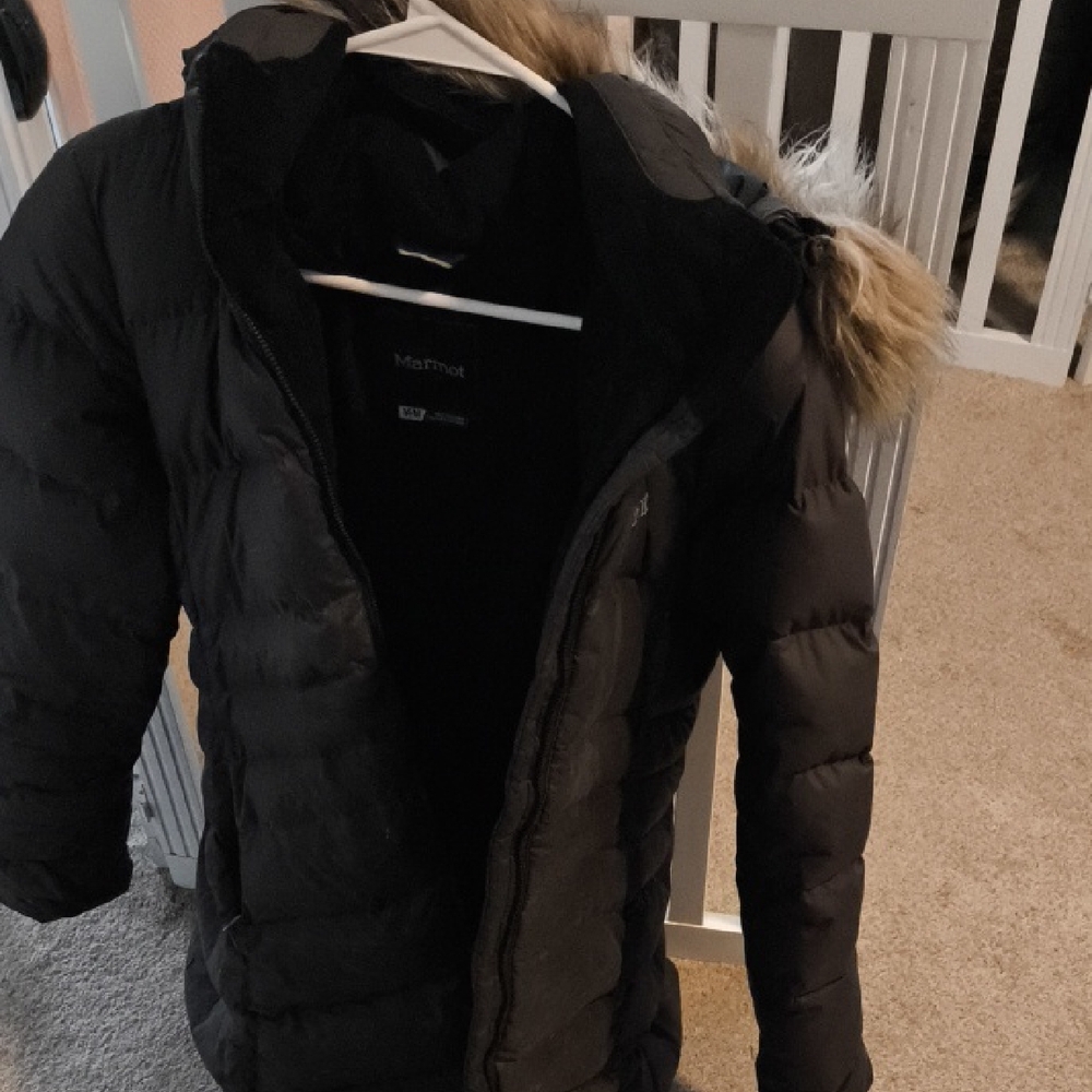Marmot Women's Dark Puffer Coat with Fur Trim - See The Description